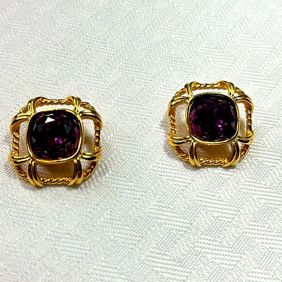 Swarovski Crystals Earrings clip-on vintage amethyst gold rope trim - Picture 1 of 6
